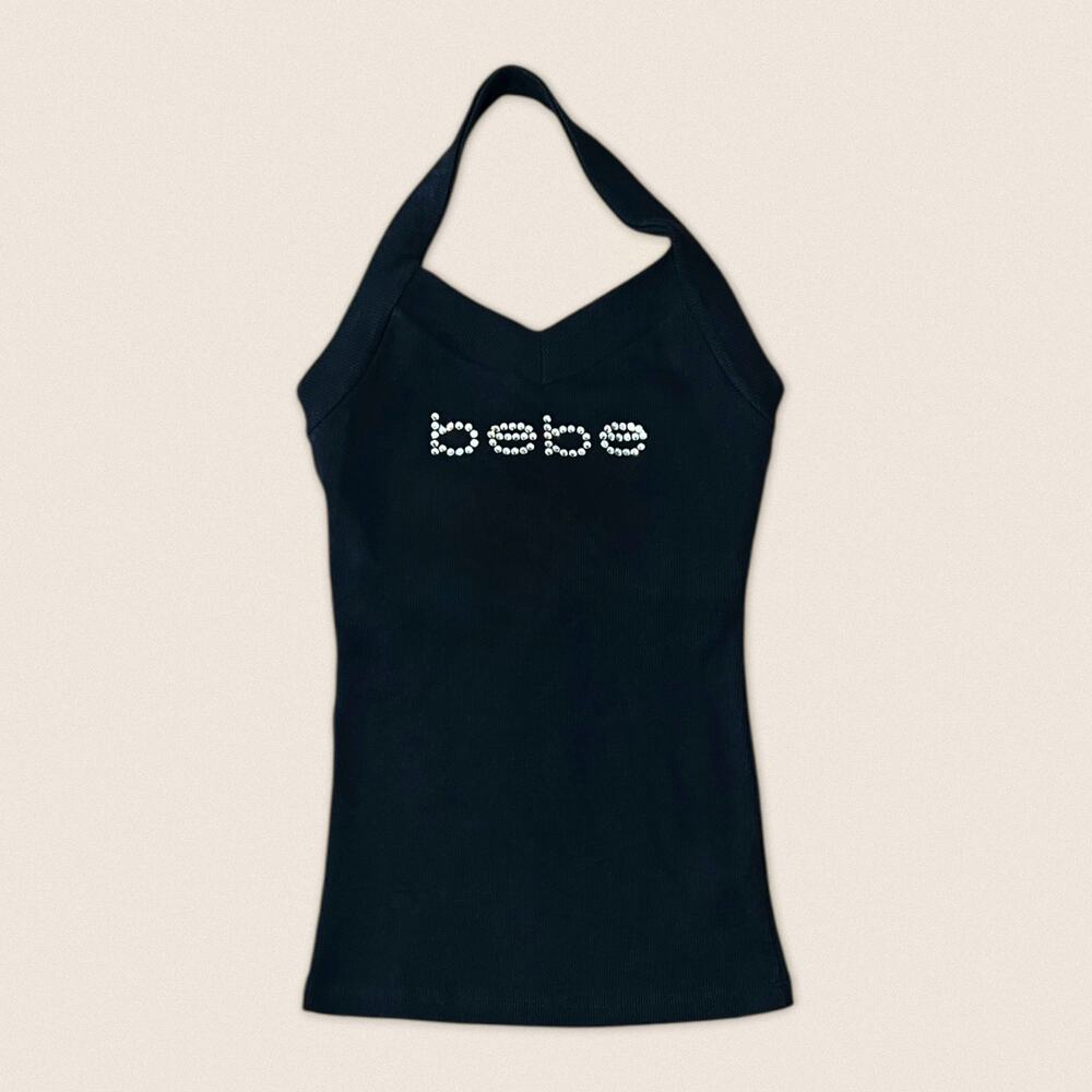 Y2K bebe Black Rhinestone Logo Halter Tank Top Stretchy Fitted - Size Medium